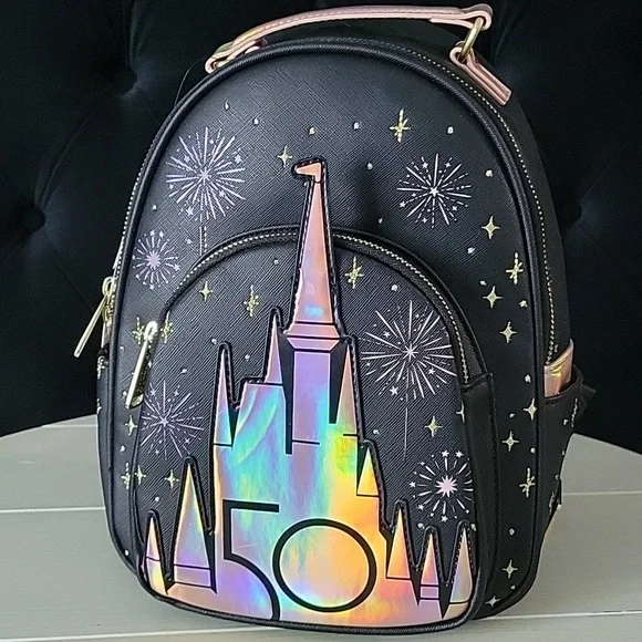 Loungefly Disney Parks Black Mini Backpack - 50th Anniversary Castle Disney Parks 50th Anniversary Loungefly Backpack Castle Gold  main image 4